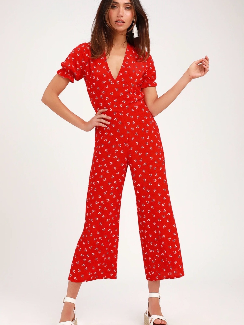 Faithfull the Brand Red Floral V-Neck Wide-Leg Jumpsuit